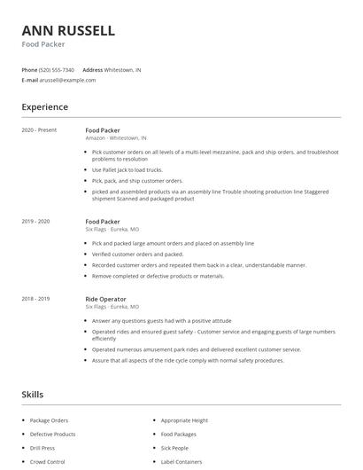 Food Packer Resume