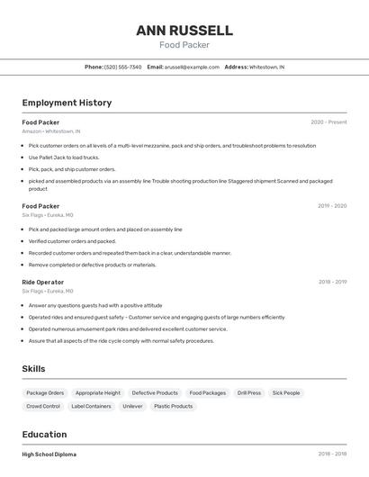 Food Packer Resume