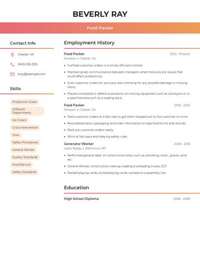 Food Packer Resume