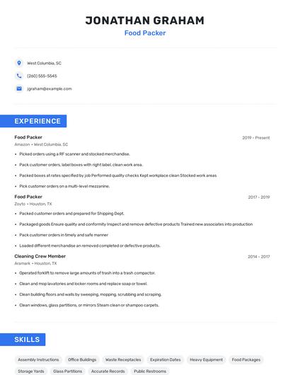 Food Packer Resume