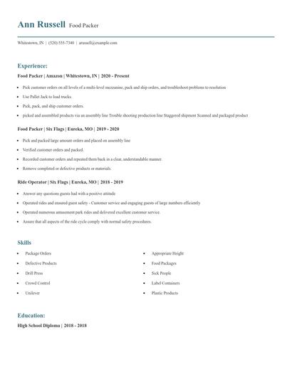 Food Packer Resume
