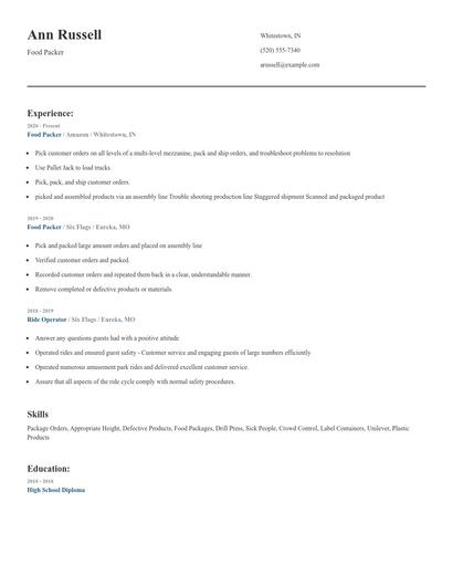 Food Packer Resume