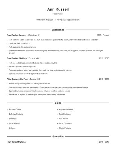 Food Packer Resume