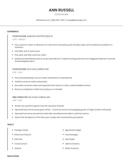 Food Packer Resume
