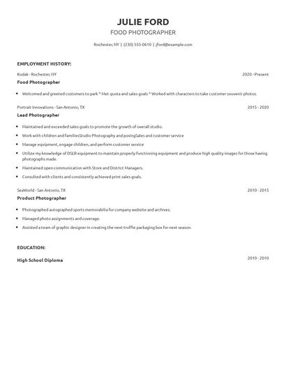 Food Photographer Resume