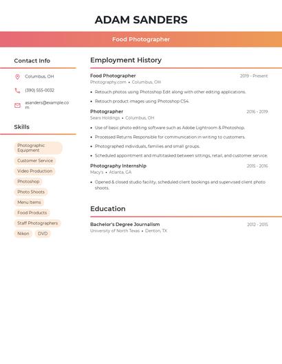 Food Photographer Resume
