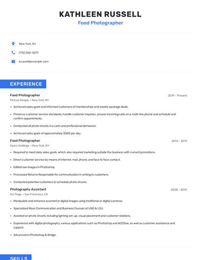 Food Photographer Resume