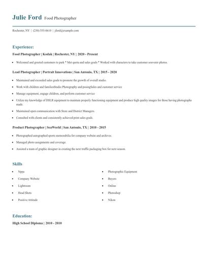 Food Photographer Resume
