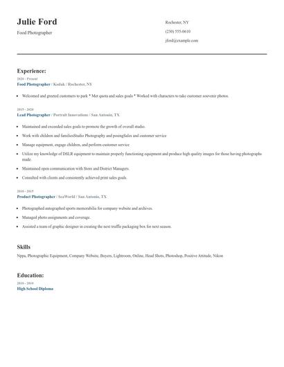 Food Photographer Resume