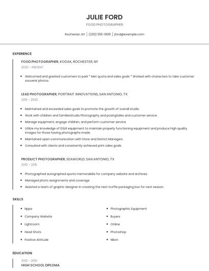 Food Photographer Resume