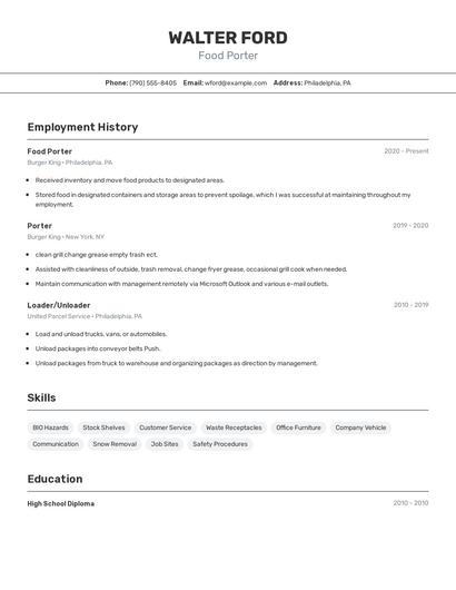 Food Porter Resume
