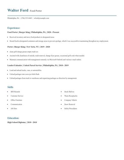 Food Porter Resume