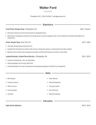 Food Porter Resume