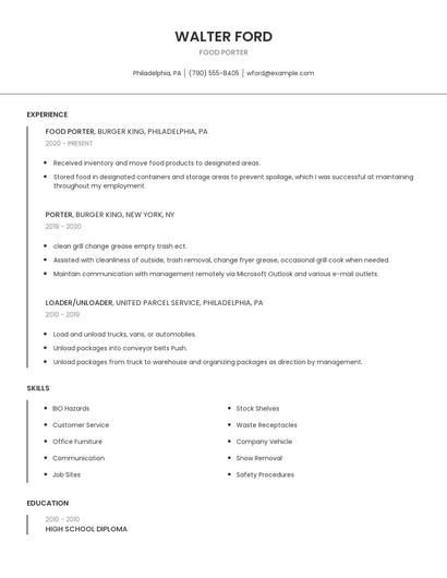 Food Porter Resume