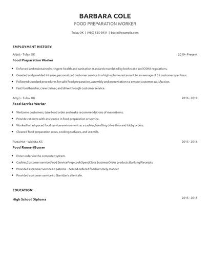 Food Preparation Worker Resume