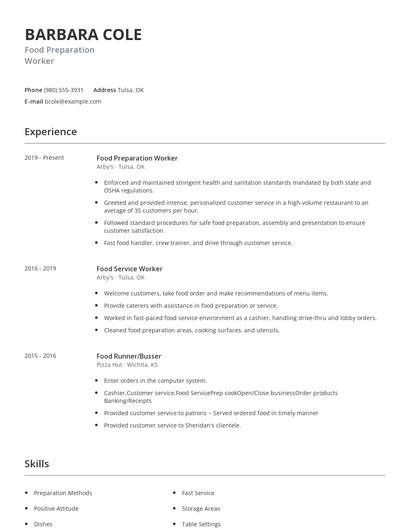 Food Preparation Worker Resume