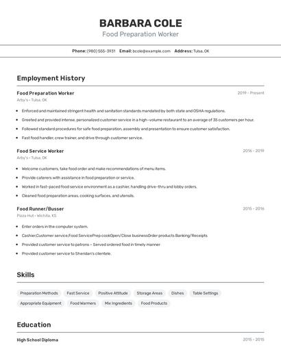 Food Preparation Worker Resume
