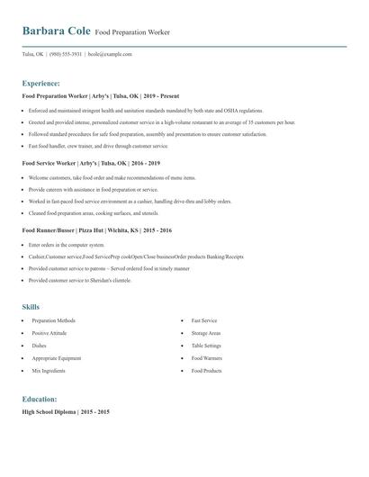 Food Preparation Worker Resume