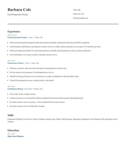 Food Preparation Worker Resume