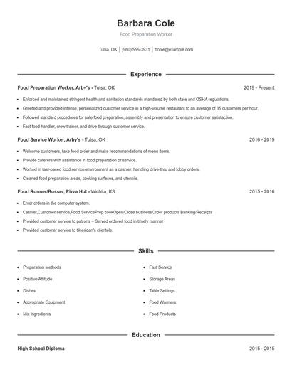 Food Preparation Worker Resume