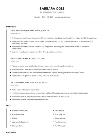 Food Preparation Worker Resume