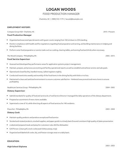 Food Production Manager Resume