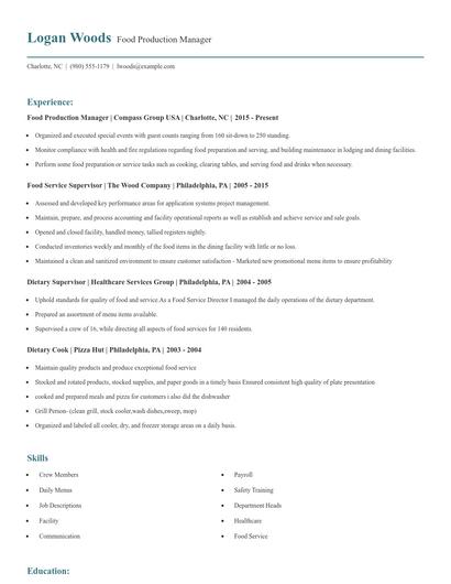 Food Production Manager Resume