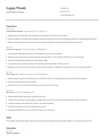 Food Production Manager Resume