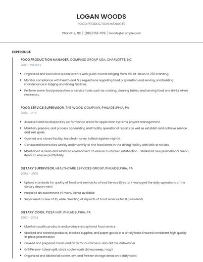 Food Production Manager Resume