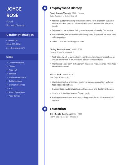 Food Runner/Busser Resume