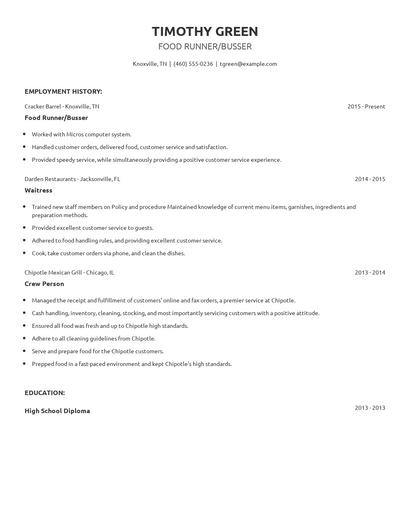 Food Runner/Busser Resume