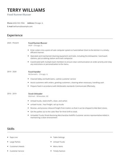 Food Runner/Busser Resume