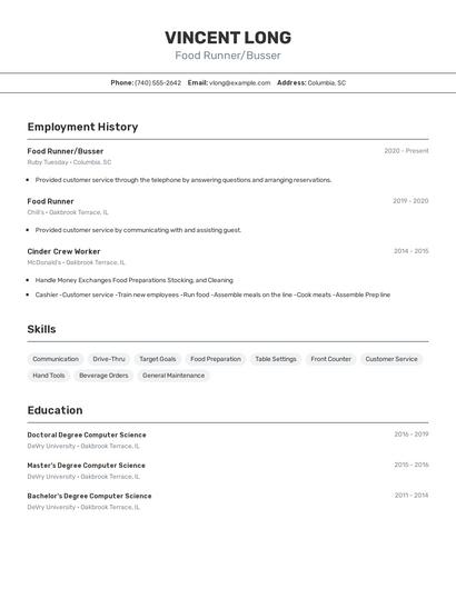 Food Runner/Busser Resume