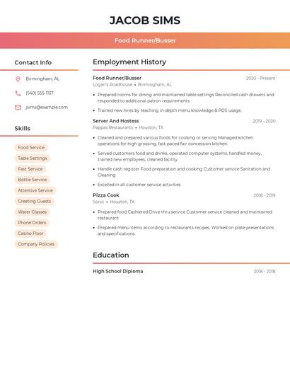 Food Runner/Busser Resume