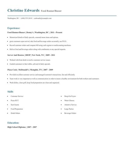 Food Runner/Busser Resume