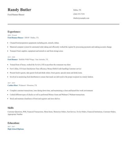 Food Runner/Busser Resume