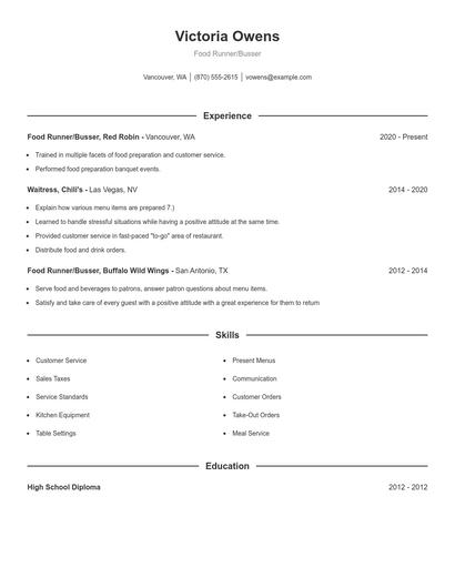 Food Runner/Busser Resume