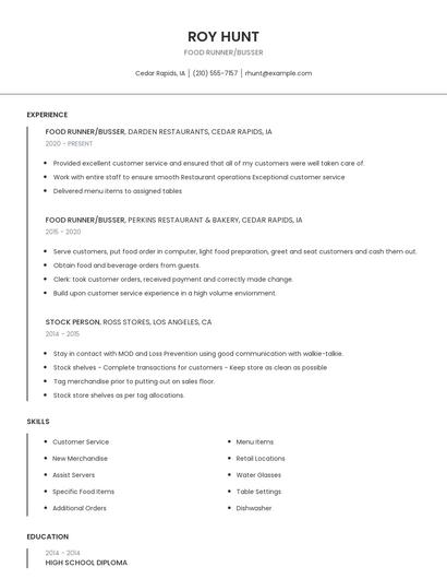 Food Runner/Busser Resume