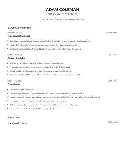 Food Service Specialist Resume