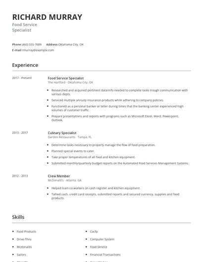 Food Service Specialist Resume