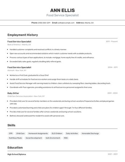Food Service Specialist Resume