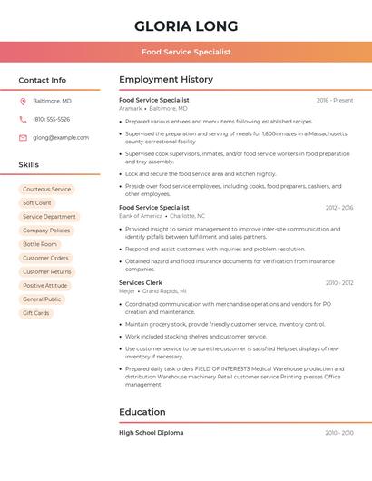 Food Service Specialist Resume