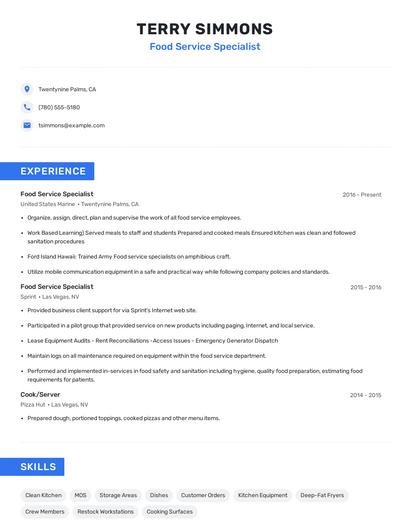 Food Service Specialist Resume