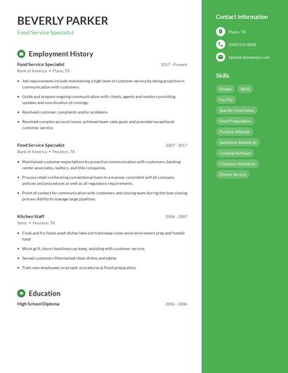 Food Service Specialist Resume