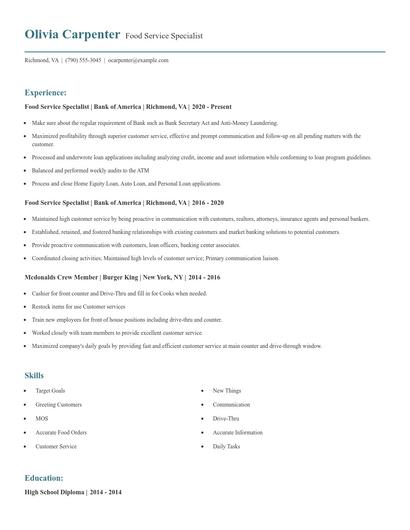 Food Service Specialist Resume