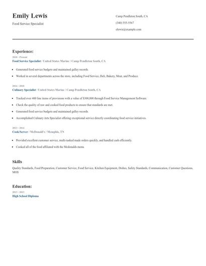 Food Service Specialist Resume