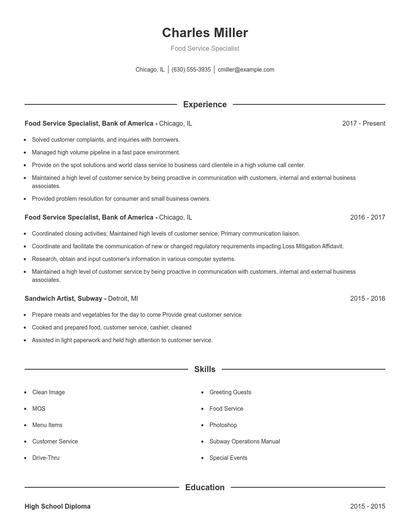 Food Service Specialist Resume