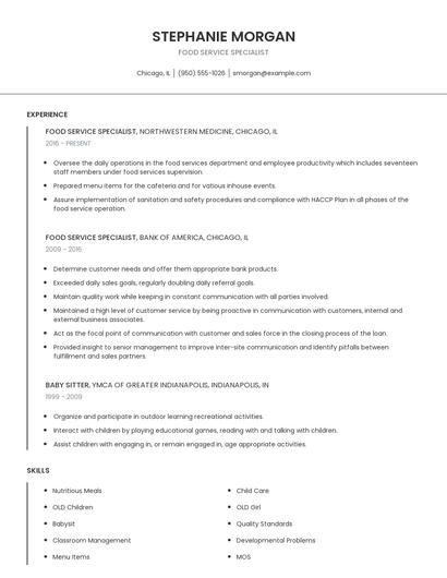 Food Service Specialist Resume