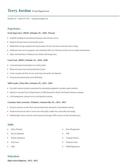 Food Supervisor Resume