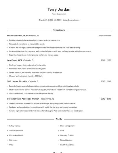 Food Supervisor Resume